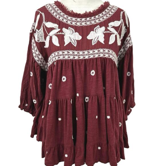 Free People Tops - Free People Women Edie Tiered Embroidery Blouse Top Boho Western Red Size XS